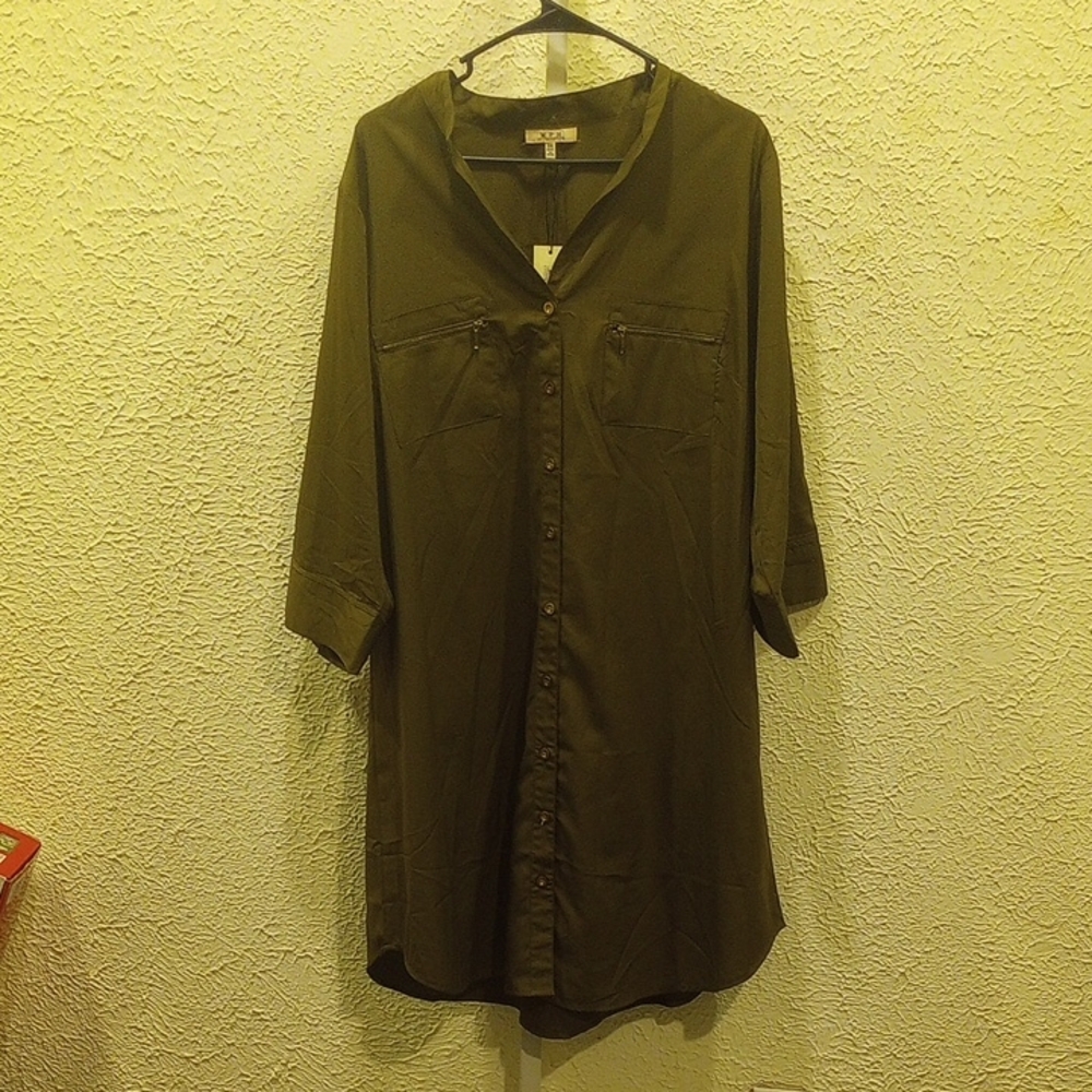 Olive Green Button-Up Shirt Dress, Nwt 3x